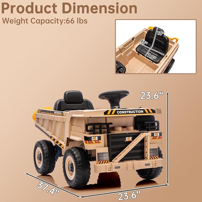 12V Ride On Dump Truck Kids Ride On Car for Kids, Battery Powered Electric Car with Remote Control, Electric Dump Bed, Wear-Resistant Tires, 4 Wheels Tractor Ride On Toys, Khaki