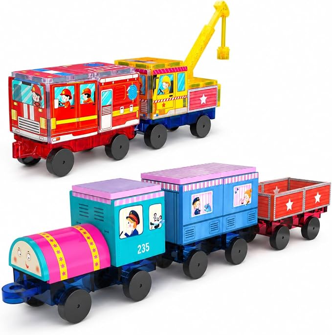 Magnetic Tiles Cars Construction Set for Kids, 30PCS Magnetic Building Tiles with 3 Car Bases & Crane, Train and Truck Magnet Blocks STEM Toys for Boys Girls Ages 3-8