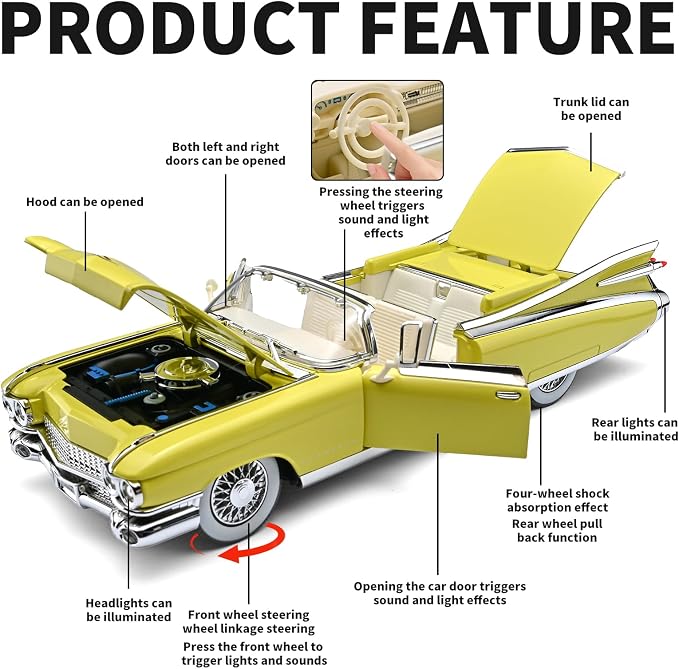 RZAPE Toy Car Models 1/24 Diecast Cars Eldorado Metal Model Car Carros De Coleccion,Model Cars Kits for Adults and Boys,Pull Back Car with Lights and Sounds,Toy Cars for Boys Age 4-7（Yellow）
