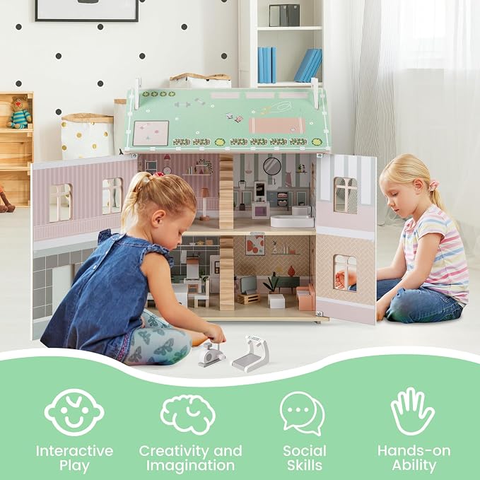 Costzon Wooden Dollhouse for Kids, 3-Level Dollhouse Playset with Double-Sided Roofs, 19 Furniture & Accessories, 5 Rooms, Pretend Play Toddler Doll House, Gift for Kids Aged 3+ (Multicolor)