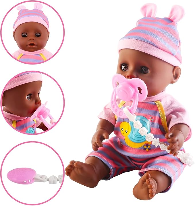 deAO 12” Black Baby Doll Play Set with Crib, Mobile, High Chair Feeding Accessories, Interactive Dolls for Girls Kids Pretend Play Baby Dolls 21 PCS