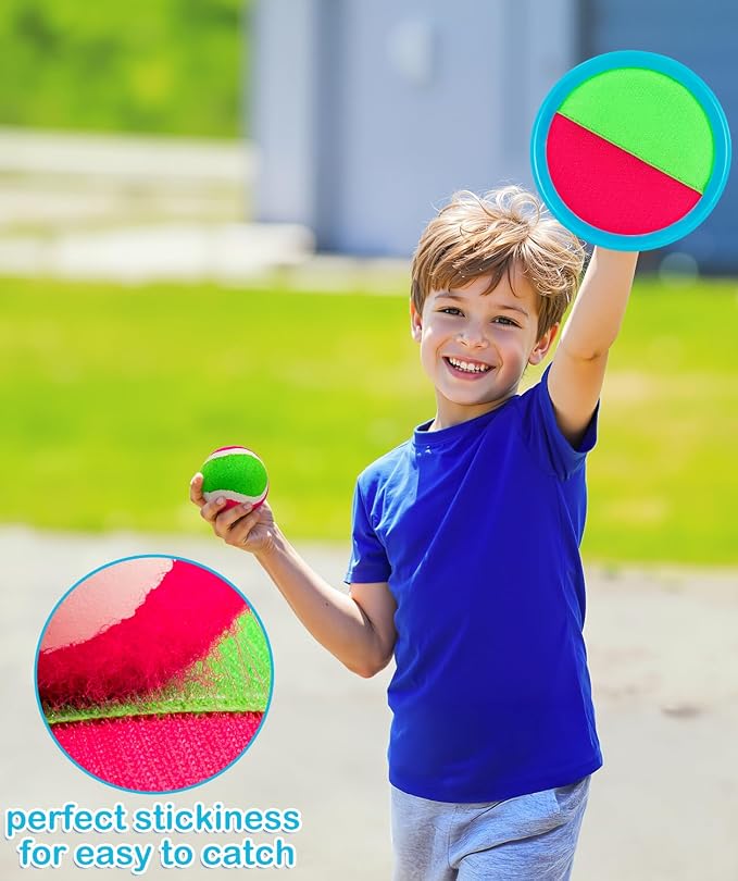 Toss and Catch Ball Game Outdoor Toys for Kids Ages 3-12 & Family, Outside Games for Beach Pool Yard Camping, Boys Birthday Gift, 4 Paddles 4 Sticky Balls & Storage Bag