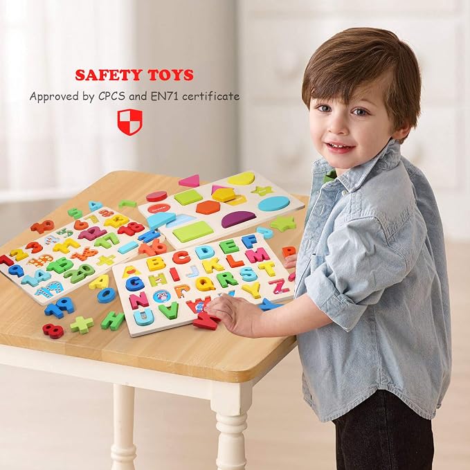 Wooden Puzzles for Toddlers, Voamuw Alphabet Number Shape Learning Puzzle for Kids Ages 3 4 5, Montessori Toys Preschool Education Chunky Jigsaw for Boys and Girls