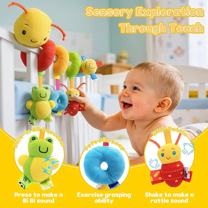 Car Seat Toys for Babies 0-6 Months, Hanging Carseat Toys for Infants 0-12 Months, Spiral Plush Caterpillar Sensory Stroller Toy with Rattles for Baby Essentials Newborn Boy Girl Shower Gifts