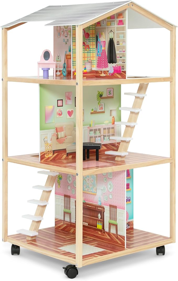 Delta Children Moveable Mansion Dollhouse - 360-Degree Play Dollhouse with Wheeled Base - Includes 16 Accessories - Fits 12-inch Dolls - Pretend Play Dream Gift for Ages 3+