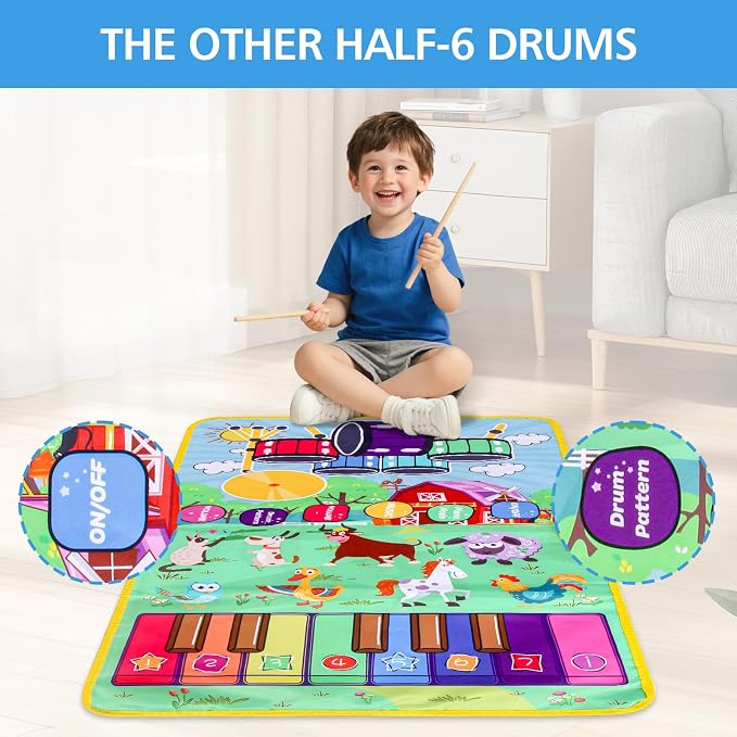 Musical Farm Animals Sounds Piano Mat for Kids, Educational Learning Toy | Sensory Interactive Floor Touch Play Mat with Drumset Dancing Keyboard Carpet for 3-12 Year Old Boy Girl Gifts