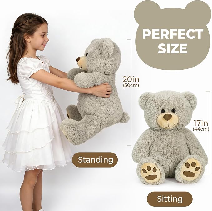 LotFancy Teddy Bear Stuffed Animals, 20 inch Soft Cuddly Cute Plushies, Plush Toys with Footprint Design, Stuffed Animals for Girls Kids Baby Toddlers, Baby Shower Easter Birthday Gift Decor, Grey
