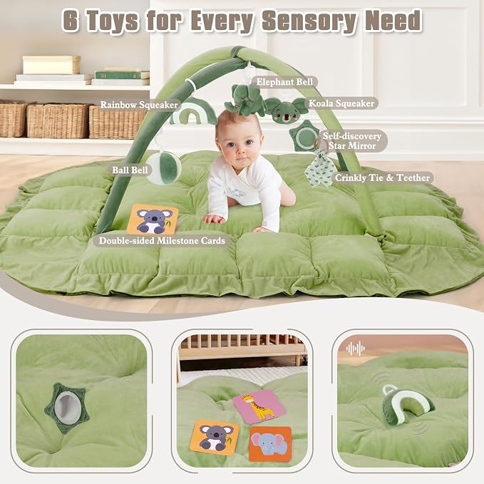 5-in-1 Plush Baby Play Gym, Baby Play Mats, Convertible Baby Gym, Tummy time mat, 6 Sensory Toys, Activity Center, Ball Pit, Green