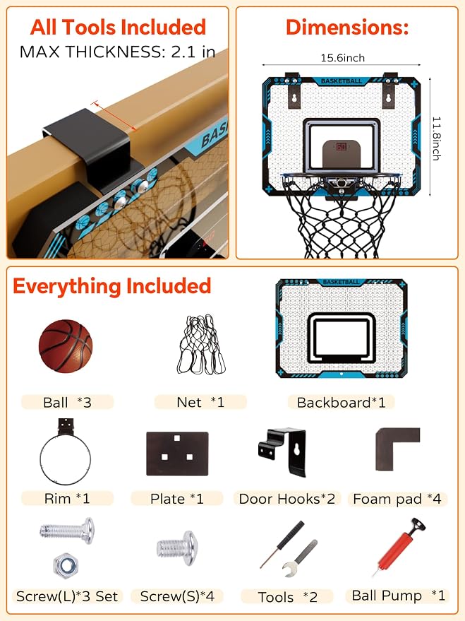 BATURU Over The Door Basketball Hoop for Kids – Indoor Basketball Toy with LED Scoreboard, Lights & Sound, Easy to Hang – Fun Gifts for Boys Ages 6–10