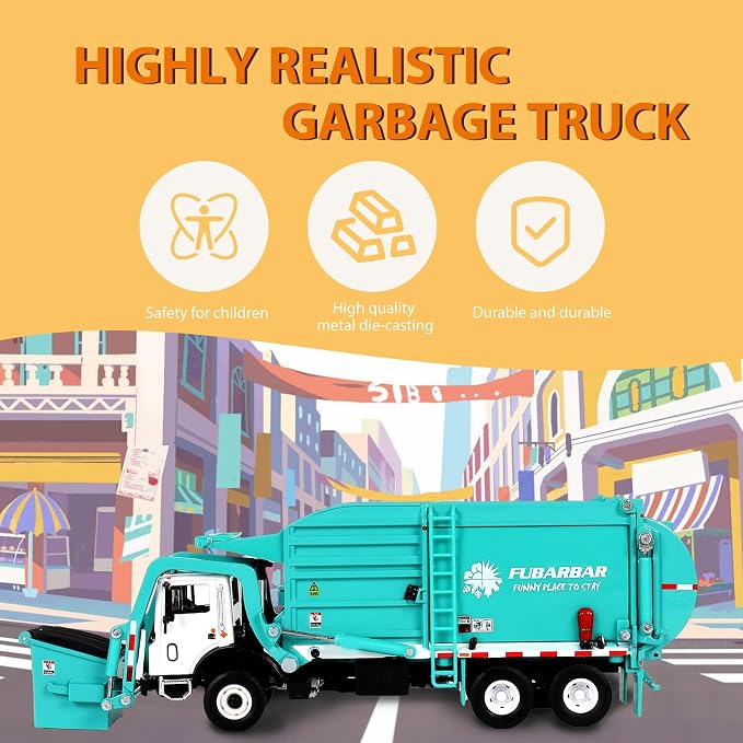 FUBARBAR Truck Toy Model – 1:43 Diecast Metal Garbage Recycling Waste Transport Truck with Trash Bin, Pull Back Model Car Toy for Kids 4-6 Age Boys Birthday Gift (Blue)