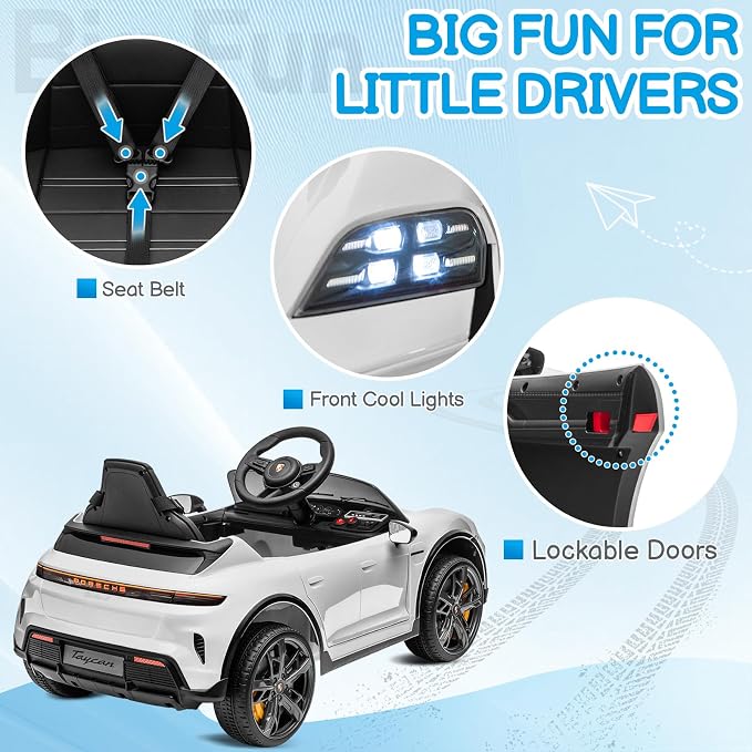 Winado 12V Kids Ride on Car, Licensed Porsche Taycan Electric Car for Toddlers, Battery Powered Ride on Vehicle W/Remote Control, with Bluetooth, 3 Speeds, LED & Rear Lights, Music & Horn (White)