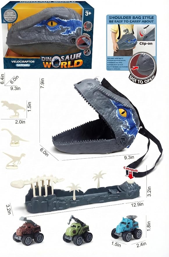 Dinosaur Launch Tracks Toys with Rolling Wheels & Storage Box & Shoulder Bag, 3-in-1 Toy Set for Kids 3+, Cool Dinosaur Car Playset for Toddler Boys & Girls' Festival Gift (Velociraptor)