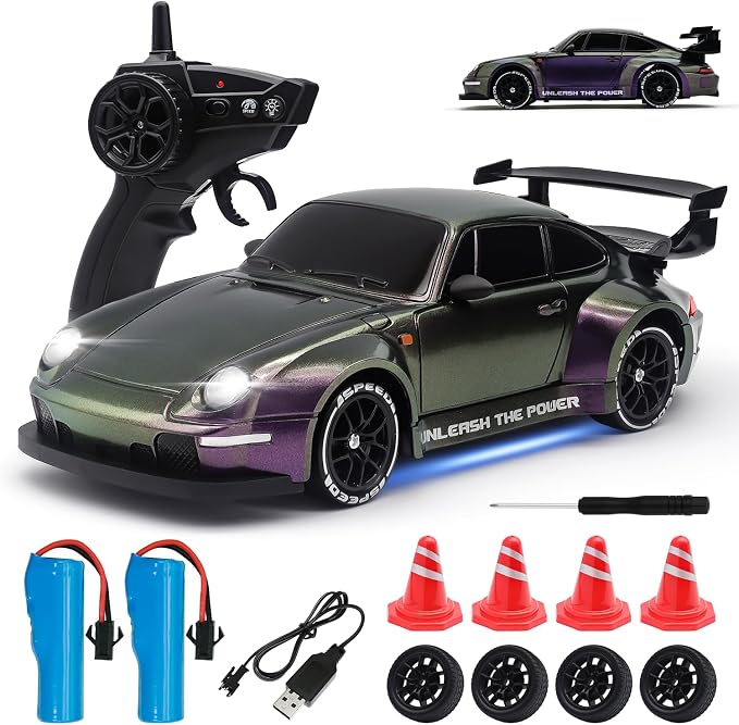 RC Drift Car,1:24 Scale Remote Control Car, 2.4GHz 20KM/H 4WD High Speed RC Cars for Kids with LED Light, Two Batteries,Drifting Tires,Racing Vehicle Toy for Adults Boys Girls Purple