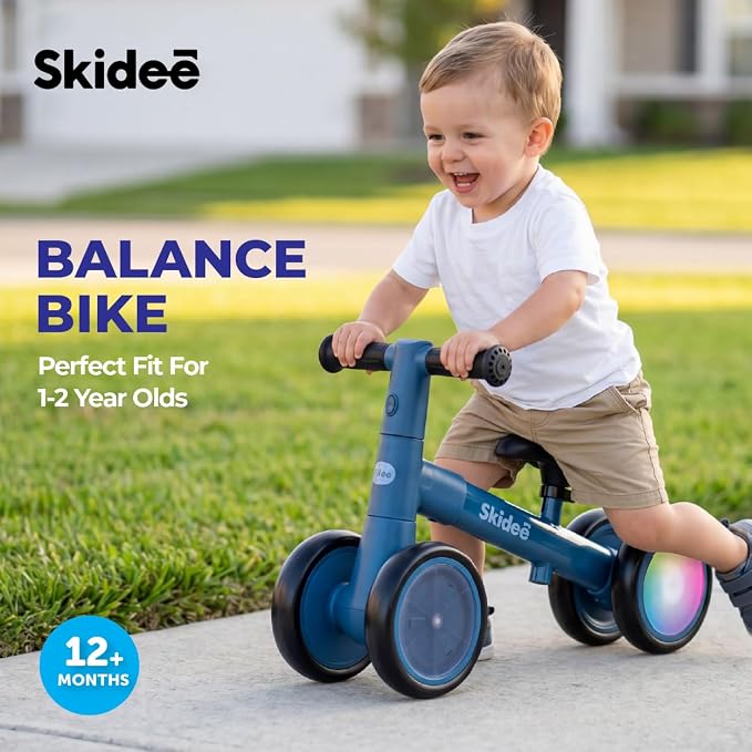 SKIDEE Toddler Balance Bike 1-3, 4-Wheel Balance Bike with Rare Light-Motion-Activated LED Wheels, Adjustable Height & Child Safe Steering, Lightweight Ride-On Toy Training Bike for Boys & Girls