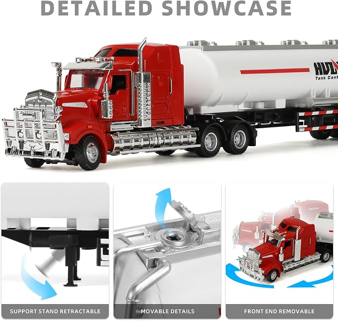 Semi Truck Toy with Oil Tanker Trailer, 1/50 Scale for Kenworth W900 Diecast Model Trucks, Alloy Metal Semi Truck and Trailer Gifts for Boys Adult Model Car Collector -Redwhite