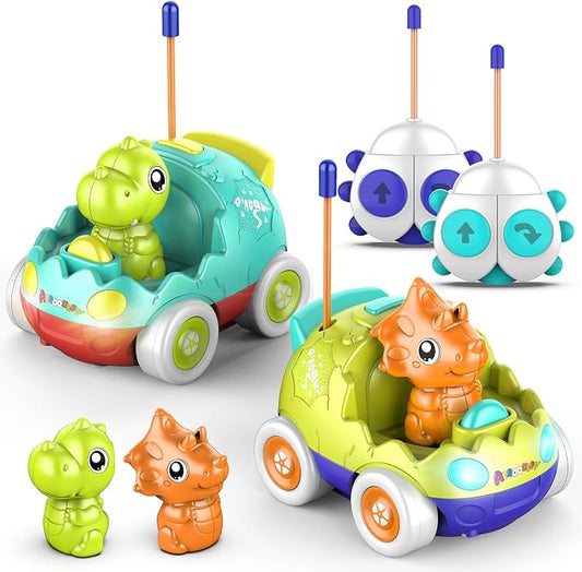 AEROQUEST Remote Control Car for Toddlers Toddler Toys for 18+Months RC Cars with LED Lights & Music Dinosaur Toy for Kids 2 3 4 5 Years Old Birthday Gifts for 3+ Year Old Girls Boys -2 Pack