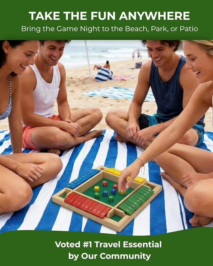 Pedolini Shut the Box Game Wooden - Travel Size 4 Way Close The Box Dice Game with Instructions - Math Learning Board Games for Kids Adults - Family Games Night Classroom Home Party Gift Ideas