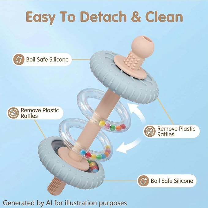 Baby Teething Toys Baby Rattle Teething Straw 3-in-1 Barbell-Shaped, Made from Silicone, Built-in Toothbrush Head and Nipple Shape, Bpa-Free, Phthalate Free, Professionally Certified, Blue
