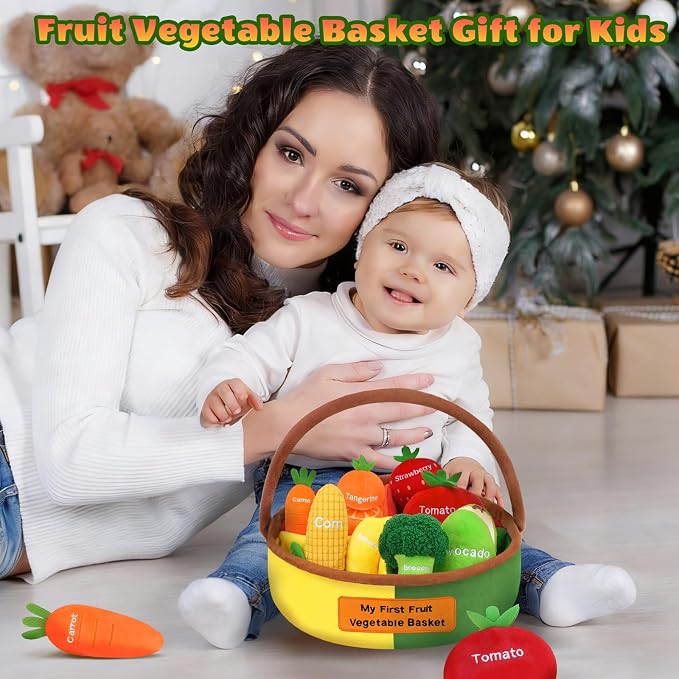 My First Fruit Vegetable Basket Plush, Baby Felt Play Food Set with 8 Pcs Fruit Vegetable Plushies for Toddlers, Montessori Sensory Toy First Learning Baby Birthday Easter Gifts for Boys Girls