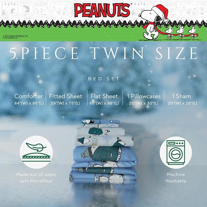 Collectibles Peanuts Snoopy Puffer Coat Holiday & Christmas Bedding Soft Comforter and Sheet Set with Sham, 5 Piece Twin Size, (Officially Licensed Product) By Franco