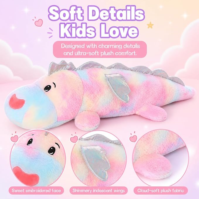 Jumbo Dinosaur Pillow,Cute Pink Giant Dinosaur Stuffed Animal,Dino Plush Toys for Girls,Rainbow Large Dino Plushies,Big Stegosaurus Stuffy,Cuddle Pillow Kids Easter Birthday Valentine Gift