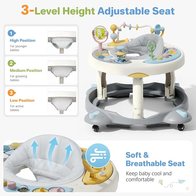 Baby Walker with Wheels, Foldable Baby Walker for Baby 6-12 Months, 3-Position Rotating Seat with Interactive Activity Center, Music Buttons, Baby Walkers for Boys Girls(Blue)