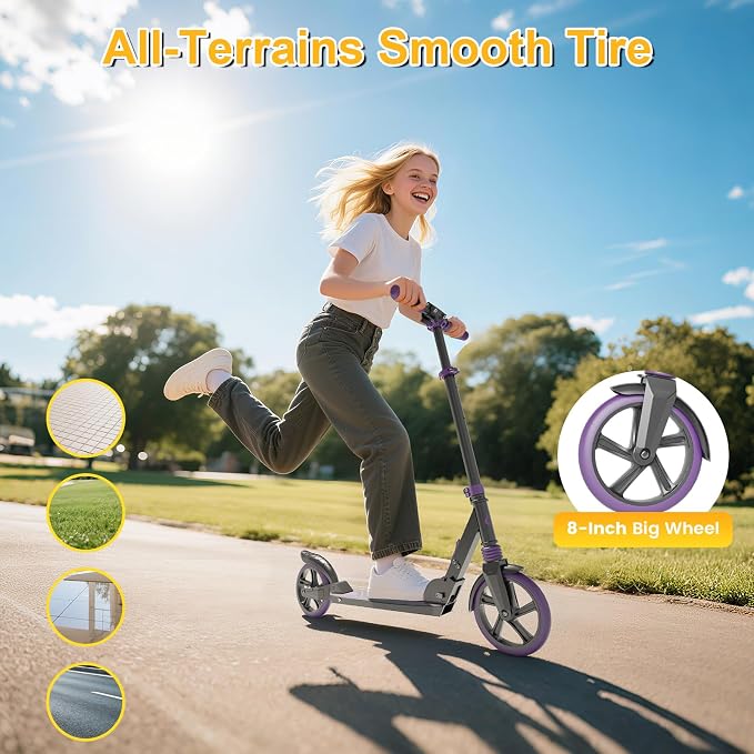 SIMATE Kick Scooter for Kids Teens & Adults, 4 Adjustable Heights, 8IN All Terrain Big Wheels, Foldable and Lightweight, Gifts for Girls Boys