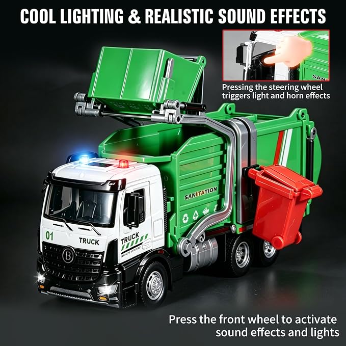Garbage Truck Toys Diecast Metal Cab Front Loader Waste Management Garbage Truck for Kids and Toddlers Pull Back Trash Truck Toy Set with Lights and Sounds Garbage Truck Toys for Boys Age 4-7