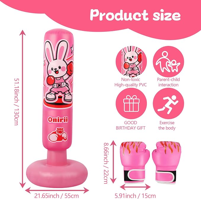 Onirii Kids Inflatable Punching Bag | Large Stable Kids Inflatable Boxing Bag Toy Set with Gloves for Boys & Girls Age 3-12 for Taekwondo,MMA and Practicing Karate