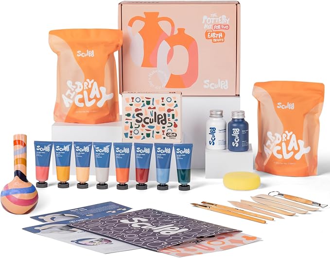 Sculpd - The Original Pottery Kit for Adults - Air Dry Clay for Adults, Tools, Varnish, Paints, Brushes, Couples Date Night Arts & Crafts Set, Gloss Varnish with Earth Tones