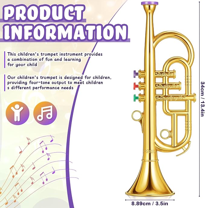 Lewtemi Gold Three-Valve Trumpet Musical Instruments Toy for Kid Toddler Fake Plastic Preschool Music Toy Gift Portable Wind Instrument Early Educational Teaching Songs Gifts for Toddlers Children