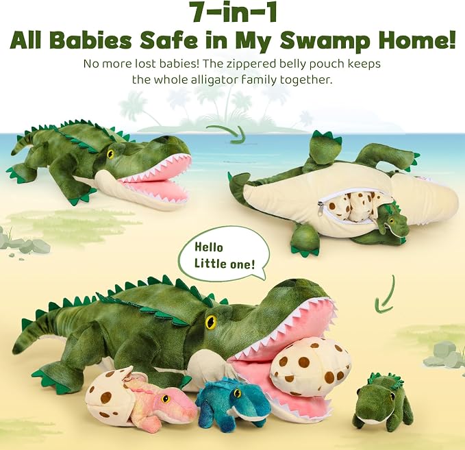 MorisMos Alligator Stuffed Animal with Babies Inside, 23.6'' Talking Mommy Stuffed Alligator Plush with 3 Baby Crocodiles & Eggs, Interactive Soft Crocodile Toys for Kid 3-5 Birthday Baby Shower