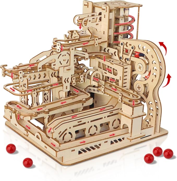 3D Wooden Puzzles Marble Run Model Building Kit, 372PCS DIY City Mechanical Track, Creative Wood Craft Puzzle with Red Marbles, Educational Hobby Gift for Adults & Teens