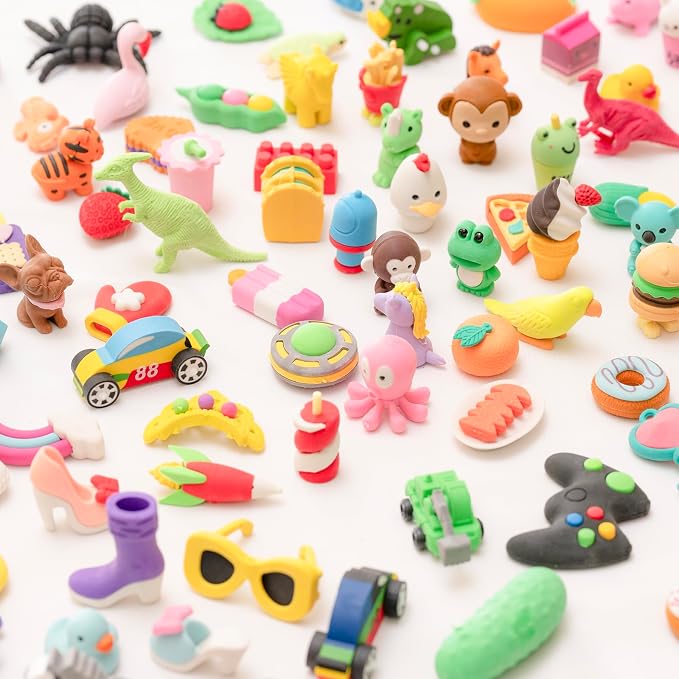 90pcs 3D Cute Kids Erasers, Random Desktop Pet Toys Gifts, Classroom Rewards Kids Party Gifts, Various Styles Such as Animals, Food, Plants, Space, Princess, Sports, Halloween, Christmas