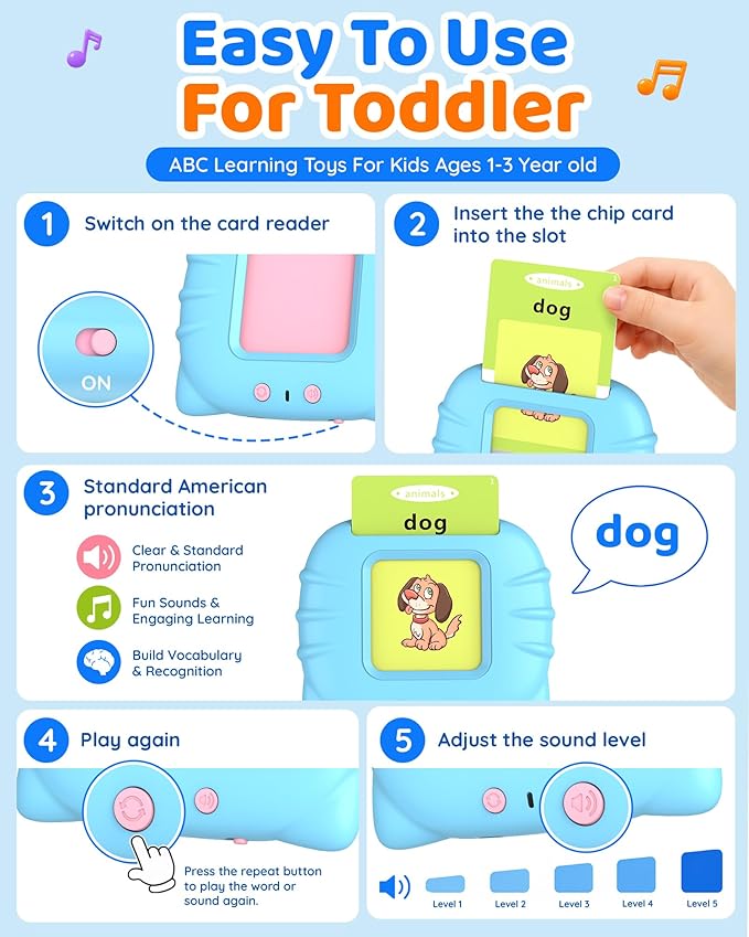 Aullsaty Talking Flash Cards for Toddlers 1-5 Years Old, Upgraded 536 Sight Words with 6 Songs Montessori Autism Sensory Toys, Educational Learning Speech Therapy Birthday Gifts for Boys Girls (Blue)