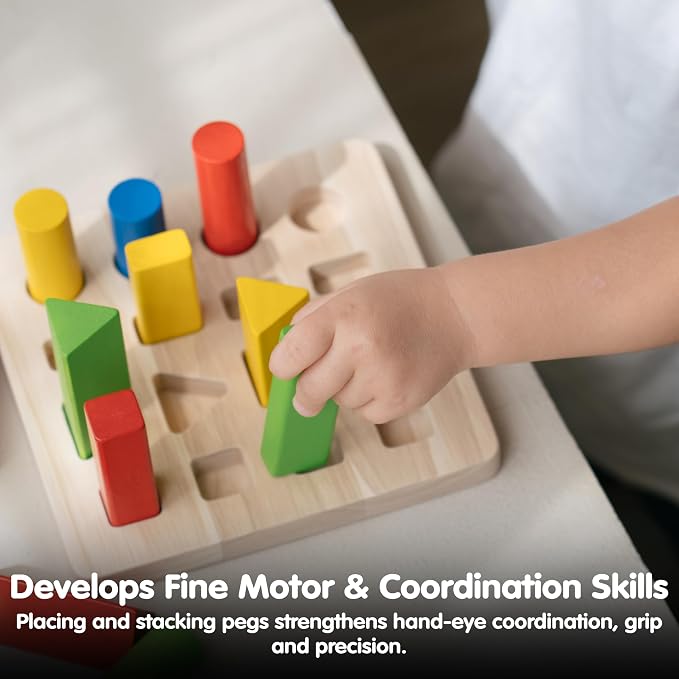 PlanToys® Geometric Peg Board Wooden Shape Sorting & Stacking Toy for Kids Ages 2+ | Montessori STEM Toy for Fine Motor Skills, Color Learning & Coordination | Eco-Friendly Educational Activity