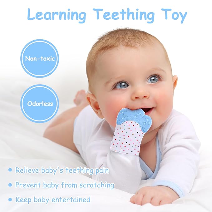 2Pack Silicone Teething Mitt, Soothing Infant Teething Mitten Pain Relief, Prevent Scratches Glove, Safe Silicone Teething Toys for 0-12 Months Blue