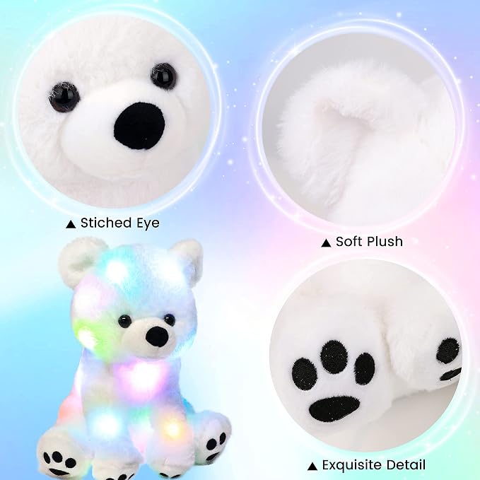 Hopearl LED Plush Polar Bear Lighting Up Stuffed Animal Floppy Night Lights Glow in The Dark Birthday Festival for Kids Boys Girls Toddlers, White, 11''