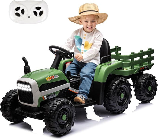 24V Ride on Tractor with Trailer, 400W Electric Car for Kids, Toddler Ride On Toy W/Remote Control, 3 Speed Adjustable, MP3, Bluetooth, LED Light, Green