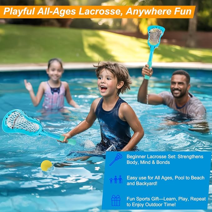 Outdoor Toys Adjustable Kid Lacrosse Stick Set Ball - Toddler Outside Beach Pool Yard Game & Toy for Ages 3+ 4 5 6 7 8 Year Old Boy & Girl Gift for Kids, with Lightweight Easy-Catch & Full Size Basket