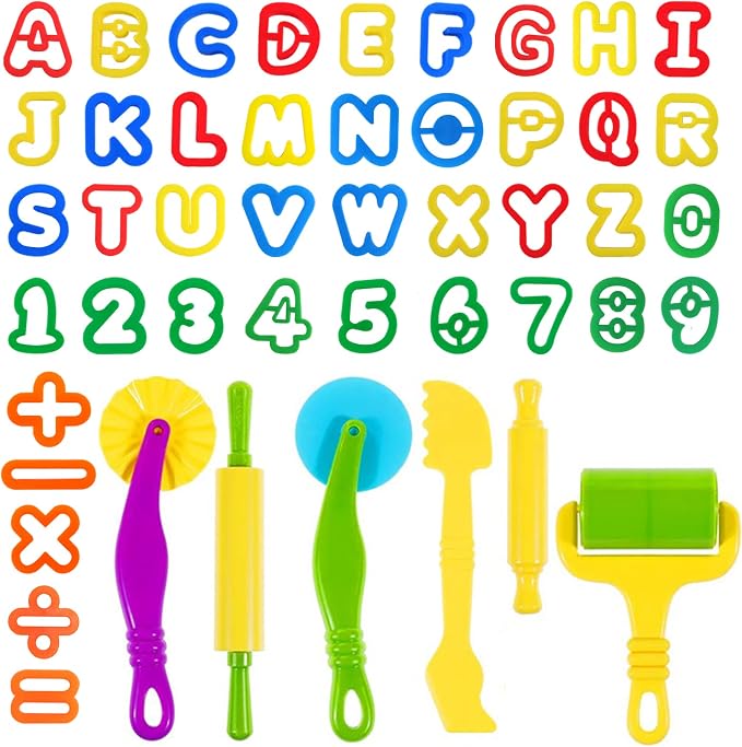 Dough Tools 47 PCS Dough Play Tools Set for Kids, Plastic Alphabet Numbers Cutters, Rollers, Rolling Pins