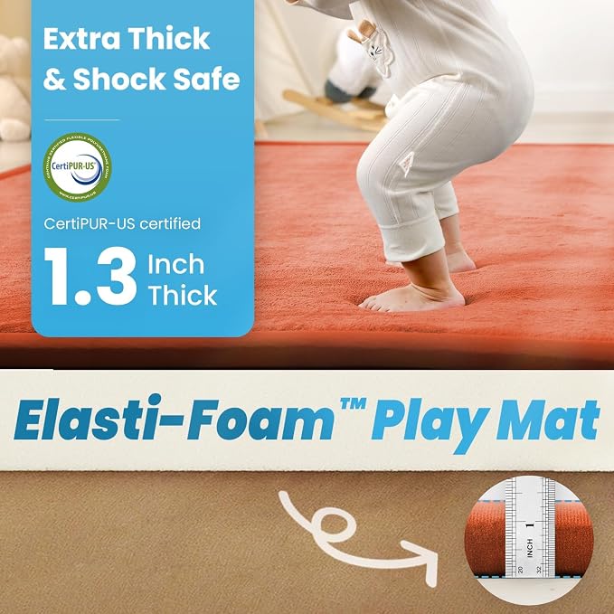 1.3" Thick Baby Floor Play Mat, 59x79 Padded Foam Tummy Time Crawling Mat, Non-Slip Water-Repellent Soft Plush Nursey Area Rug for Playroom Living Room (Brick)