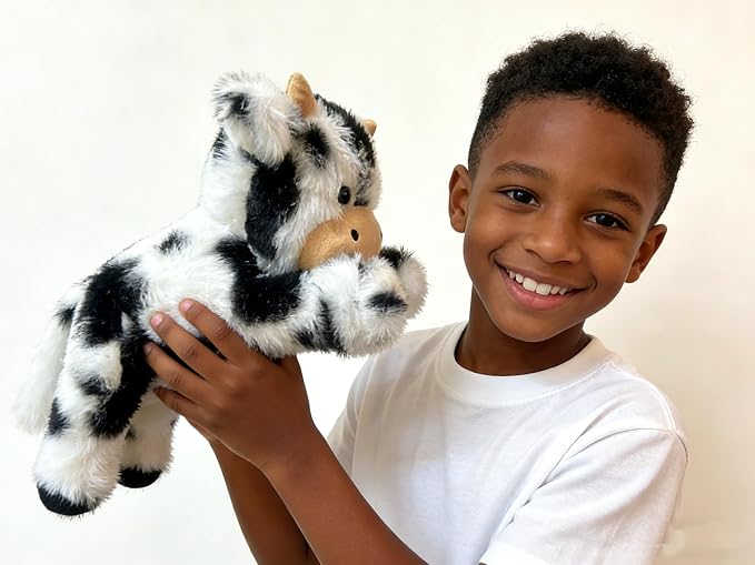 Cute Cow Plush Stuffed Animal Doll Toy 10 inch for Girls Boys One Pieces（Each one has a Different Pattern） (pa Cow bd Black)