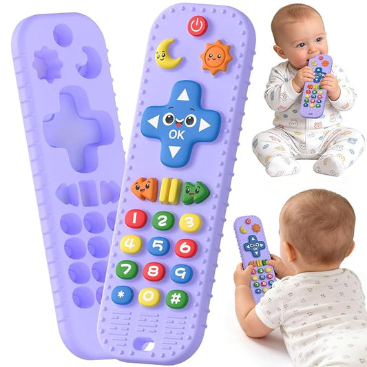 Baby Teething Toys Silicone Baby Remote Teether Over 3 Months - Baby Essentials Sensory Chew Toys - Baby Teether for Teething Relief - BPA Free Infant Toys Baby Shower Gifts (1, Purple)