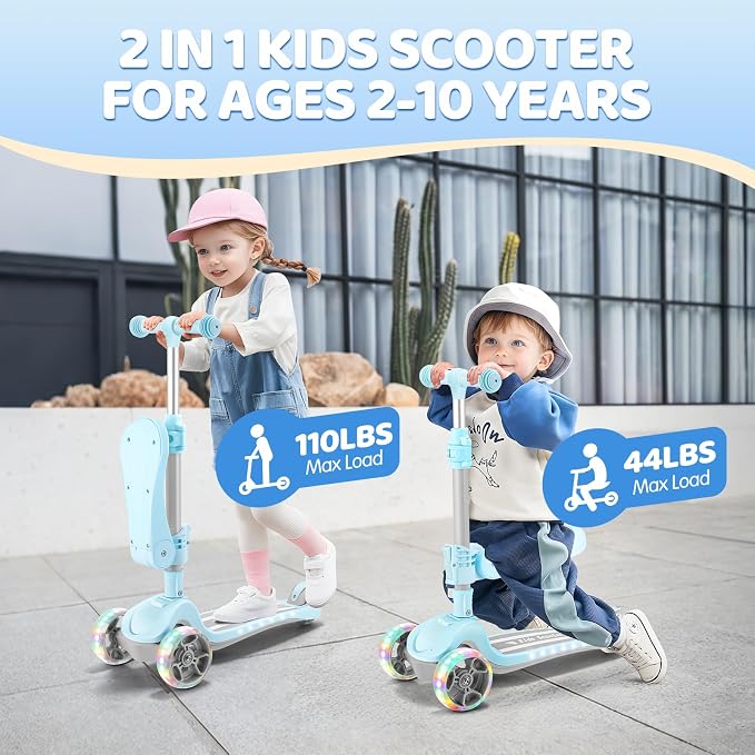Kids Scooter with Seat, 2 in 1 Kick Toddler Scooter with LED Light-Up Wheels and Light up Deck, 4 Adjustable Heights, Lean to Steer, 3 Wheels Scooter Suitable for Boys & Girls Ages 2-8 Years