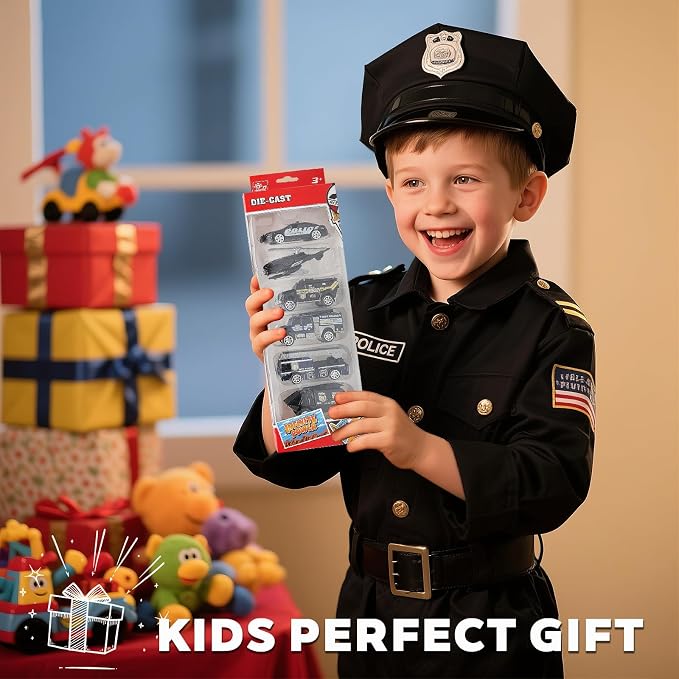 6 Pack Diecast Police Car Toy Set – Mini Alloy Police Vehicles for Boys Ages 3-7, Includes Armored Car, Rescue Truck, Bulletproof SUV, Military Helicopter – Birthday Gift for Kids