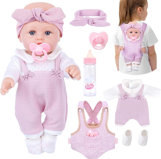 BDDOLL 12'' Baby Doll Playset with Clothes and Dolls Carrier Accessories Included Baby Carrier, Bottles, Nipple, Socks, Headbands