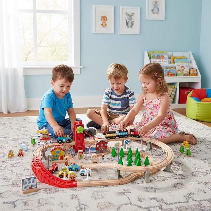 INFANS Train Table with Storage, 94 Pieces Wooden Kids Activity Toy Table Playset with 3 Foldable Boxes Reversible Detachable Tabletop, Tracks, Train, Railway, Gift for Toddler Boys Girls Ages 3+