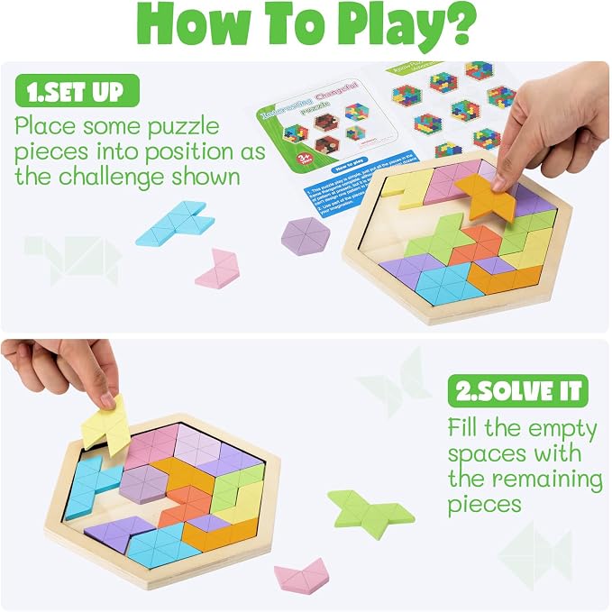 Yunsailing 3 Pack Large Wooden Blocks Puzzles Hexagon Tangram Puzzle Wooden Russian Brain Puzzles for Adult Challenge Teasers Geometric Jigsaw Logic Iq STEM Educational Gift Graduation(Fresh)