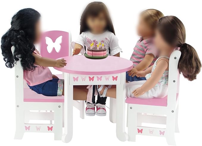 Emily Rose 18 Inch Doll Dining Table and 2 Chairs Set - Pink Butterfly Collection - Compatible with American Girl, Our Generation, My Life As & Adora Dolls - Wooden Dollhouse Furniture